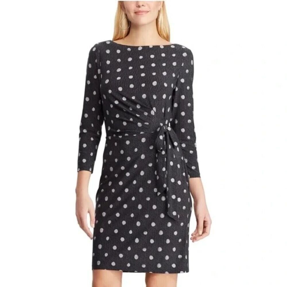 Chaps Dress L Sheath Ruched Knee Length 3/4 Sleeve Gray Polka Dot Jersey Stretch